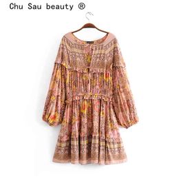 Fashion Boho Floral Print Midi Dress Women Beach O-neck Long Sleeve Dresses Female Elastic Waist Holiday Wear 210514