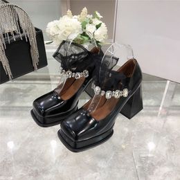 High Heel Platform Mary Janes Sandals Shiny Black Leather Women's Square Toe Pumps Fashion Girl Party Shoes