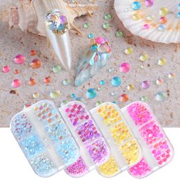 Candy Colors Mixed Size Mermaid Round Glass Crystal Beads AB 3D Nail Art Rhinestones DIY Flatback Acrylic Stones Decorations