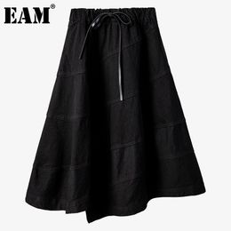 [EAM] High Elastic Waist Half-body Black Asymmetrical Loose Fit Skirt Women Fashion Spring Summer 1DD6357 21512