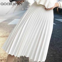 Aonibeier Women Narrow Elastic Waist Skirts High Waist Pleated Skirts Big Swing Female Casual Black White Midi Skirt 65cm Long 210412
