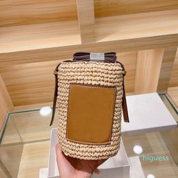 Designer- Women straw bag bucket bag female shoulder diagonal mobile phone bag mini coin purse