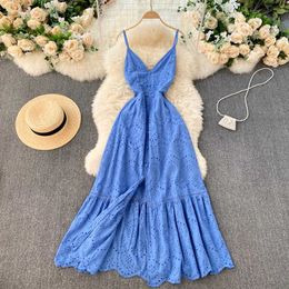 Bohemian Summer Beach Hollow Out Long Dress Sexy Women V-Neck High Waist Single Breasted A-Line Big Swing Vestidos 2021 New Robe Y0603