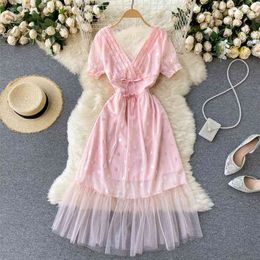 Sweet Women's Summer Fashion Wood Ear V Collar Slim Mesh Dress Elegant Korean Clothing Vestidos S317 210527