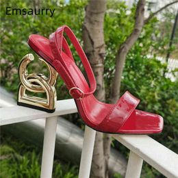 Novelty Letter Strange Heel Sandals Women Summer One-strap Genuine Leather Multicolor Chic Design Party Sandalias Mujer Y220211