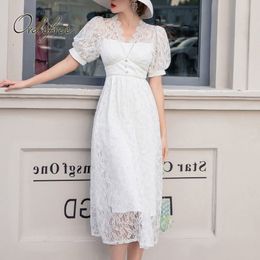 Summer Women Party Puff Short Sleeve White Lace Vintage Tunic Midi Dress 210415