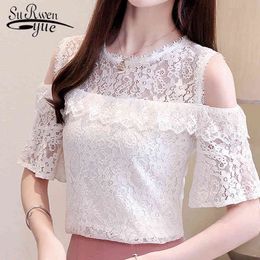 blusas mujer de moda summer women blouses short sleeve off shoulder top white lace shirts 4393 50 210508