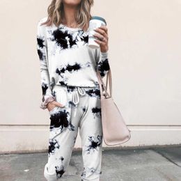 Tie-dye Printed Casual 2 Piece Set Spring Long Sleeve Women Home Wear Suit Female Outfits Fashion Ladies Lounge Wear Clothes Y0625