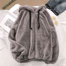 Autumn Winter Coats Soild Sweet Hooded Women Harajuku Loose Casual Warm Hoodies Ladies Fleece Flannel Pullover Female Sweatshirt 210909