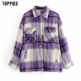 Autumn Winter Plaid Shirt Jackets for Woman Vintage Woollen Coat with Pockets Oversize Loose Outwear Female Streetwear 210421