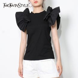 Black Patchwork Ruffle T Shirt For Women O Neck Short Sleeve Casual Tops Female Fashion Clothing Summer Style 210524