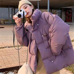 Solid Violet Colour Short Winter Jacket Women Warm Cotton Jackets Parkas Female Casual Loose Outwear Korean Padded Coat 210913