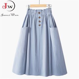 Women Summer Skirt Spring Korean Style Casual Solid High Waist A-Line Midi Skirts With Pocket Girls Elegant Faldas 210412