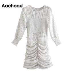 Aachoae Polka Dot Sexy Bodycon Dress O Neck Party Mini Dress Lady Pleated Sheath Beach Dress Autumn Spring Ropa De Mujer 210413