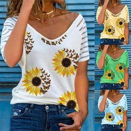 Ladies Casual Short Sleeved Top Summer V Neck Loose T Shirt Female Printed Fashion Sexy Plus Size Clothing 210623