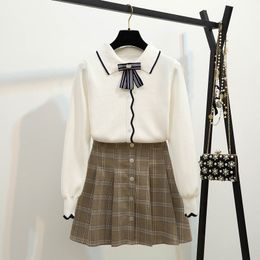 Autumn Women Sweet Suits Girls Bow Knitted Pullover Sweater + Plaid Button Mini Skirts Sets Preppy Two Pieces Set 210416