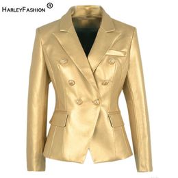 HarleyFashion Luxury Designing Elegant High Street Quality Jacket Metal Buttons Female PU Leather Gold Blazer X0721