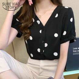 Office Lady Polka Dot V Neck Shirts Summer Short Sleeve Chiffon Women Blouse Tops Plus Size Printing Clothing 13899 210415