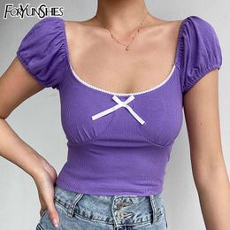 Casual T Shirt Women Summer Bubble Short Sleeve Shirts Korean Knitted Crop Tee Vintage Square Neck Top Ribbed Lace Bow Top 210709