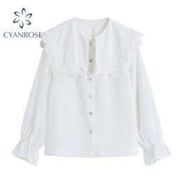 White Shirt Blouse Sailor Collar Spring Cardigan Long Sleeve Retro Office Ladies Blusas Female Chic Single Breasted Button 210417