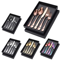 Upscale 5pcs/set Tableware Set Rose Golden Spoon Fork Knife Dinnerware Set Black Flatware Sets Colorful Rainbow Gold Cutlery Box