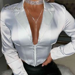 Spring Women Satin Shirt Long Sleeve White Silk Blouse Sexy Crop Tops 210415