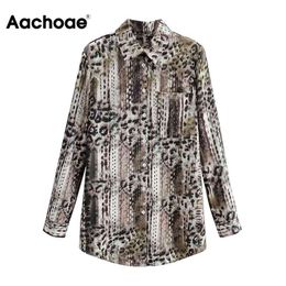 Aachaoe Women Stylish Leopard Print Blouses Fashion Turn Down Collar Shirt Tops Office Long Sleeve Tunic Blouse With Pocket 210413