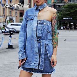 Summer Denim Dresses For Women Lapel One Shoulder Long Sleeve High Waist Bandage Women's Dress Female Fashion 210520