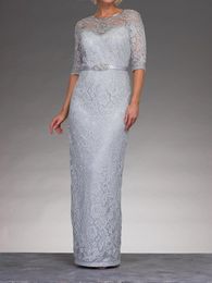 Silver Grey Lace Mother of the Bride Dress Half Sleeves Zipper Back Mother's Dresses with Beads Applique Mermaid
