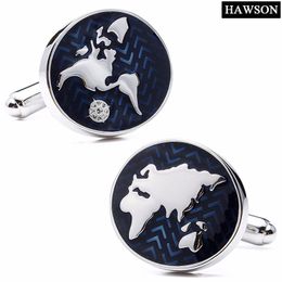 HAWSON Classic Style Cufflinks World Map Imitation Rhodium with Blue Enamel Cuff Links for Mens French Cuffs/Shirts Accessory