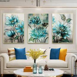 Canvas Painting European Style Retro Pastoral Abstract Blue Flower Living Room Wall Decoration Painting Restaurant Prints Home Decor