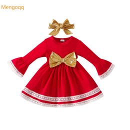 Toddler Kids Baby Girl Flare Sleeve Bow Knee-length Dress Headbands XMAS Princess Clothes Children Christmas Suit Set 2pcs 3M-3Y G1026