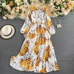 Women Autumn Print Maxi Dress French Puff Sleeve Single Breasted A-line Dress Fashion Chic Romantic Holiday Long Robe 210419