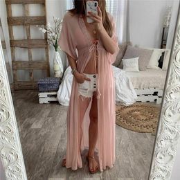 Women Summer Bathing Suit Chiffon Bikini Cover Up Swimwear Beach Long Dress Lace Floral Cardigan Swimsuit Pink White Sarongs