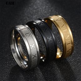 6 mm 316L Stainless Steel Wedding Band Ring Roman Numerals Gold Black Cool Punk Rings for Men Women Fashion Jewellery