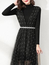 Womens Fake Two-Piece Mesh Stitching Dress Autumn and Winter Long Sleeves Commuter Mid-Length Black Knitted Dress