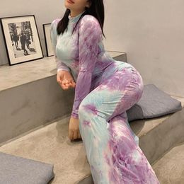 Casual Dresses Ladies Bodycon Dress Tie Dye Print Skinny Stretchy Long Sleeve Turtleneck Ankle Length Sexy Women Robe Femme Clothing 2021