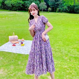 Beiyingni Dresses for Woman Floral Printed Vintage Casual Boho Beach Korean Midi Dress Summer Chiffon Purple Romance Robes 210416