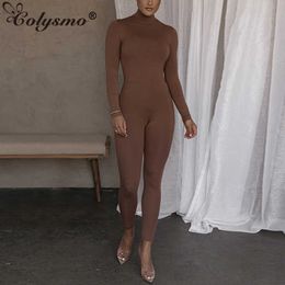 Colysmo Autumn Jumpsuit Women Black Grey Brown Turtleneck Neck Long Sleeve Sexy Bodycon Overalls Casual Streetwear 210527