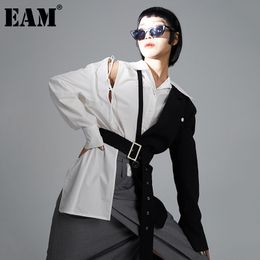 [EAM] Women White Irregular Spliced Bandage Blouse Lapel Long Sleeve Loose Fit Shirt Fashion Spring Autumn 1DD5636 21512