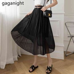 Gaganight Chiffon Women Long Skirt Solid A Line Elastic High Waist Pleated Summer Fashion Swing Japanese Skirts Plus Size 210519