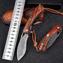 1Pcs High Quality Flipper Folding Knife VG10 Damascus Steel Blade Rosewood + Stainless Steels Handle EDC Pocket Knives With Leather Sheath