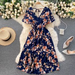 Summer Retro floral V-neck chiffon Print dress for womens short-sleeve waisted boho beach ruffled large-length vestidos 210420