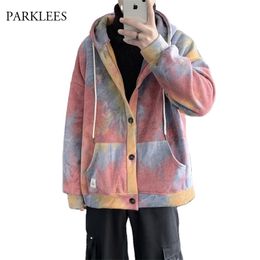 Tie Dye Sweatshirts Men Long Sleeve Mens Sweatshirt Velvet Warm Casual Pocket Oversize Male Cardigan Fashion Streetwear Hoodies 210524