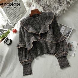 Ezgaga Sweater Women Autumn New O-Neck Patchwork Long Lantern Sleeve Pullover Ruffles Girl Cute Tops Winter Clothes Warm Fashion 210430