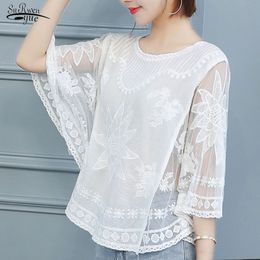 Korean Fashion Sweet Women Shirt Batwing Sleeve Mesh Embroidery Tops Casual Summer Loose Lace Blouse Blusa Feminina 4012 50 210521