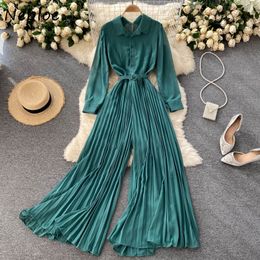 Neploe Turn Down Collar Long Sleeve Loose Jumpsuit High Waist Hip Sashes Wide Leg Bodysuit Turn Down Collar Long Sleeve Playsuit 210510