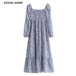 Spring Floral Print Women Midi Dress Woman Vintage Square Collar Elastic Ruched Body Chiffon Long sleeve Dresses Holiday 210429