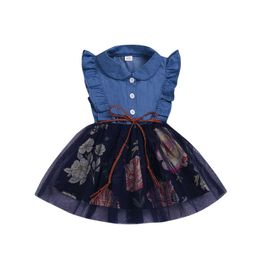 Citgeett Summer 3M-4Y Baby Girl Denim Flared Short Sleeve Belt Bow Mesh Floral Print Dress Single Breasted Patchwork Clothes Q0716