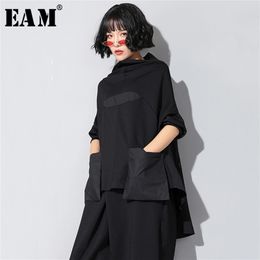 [EAM] New Spring Autumn High Collar Long Sleeve Black Loose Pocket Stitch Irregular Hem Big Size T-shirt Women Fashion JQ018 210330